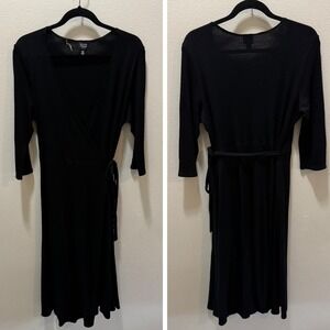Eileen Fisher Petite Black Wool Wrap Dress 3/4 Sleeve Comfortable Elegant (1344)